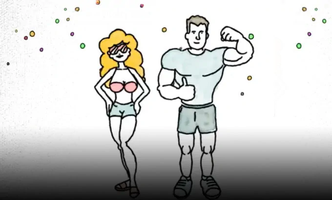 cartoon of woman and man flexing his bicep