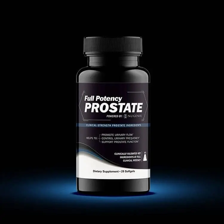styled image of the nugenix full potency prostate bottle against a stark black background illuminuated by a radiant slate shade of electric blue from above